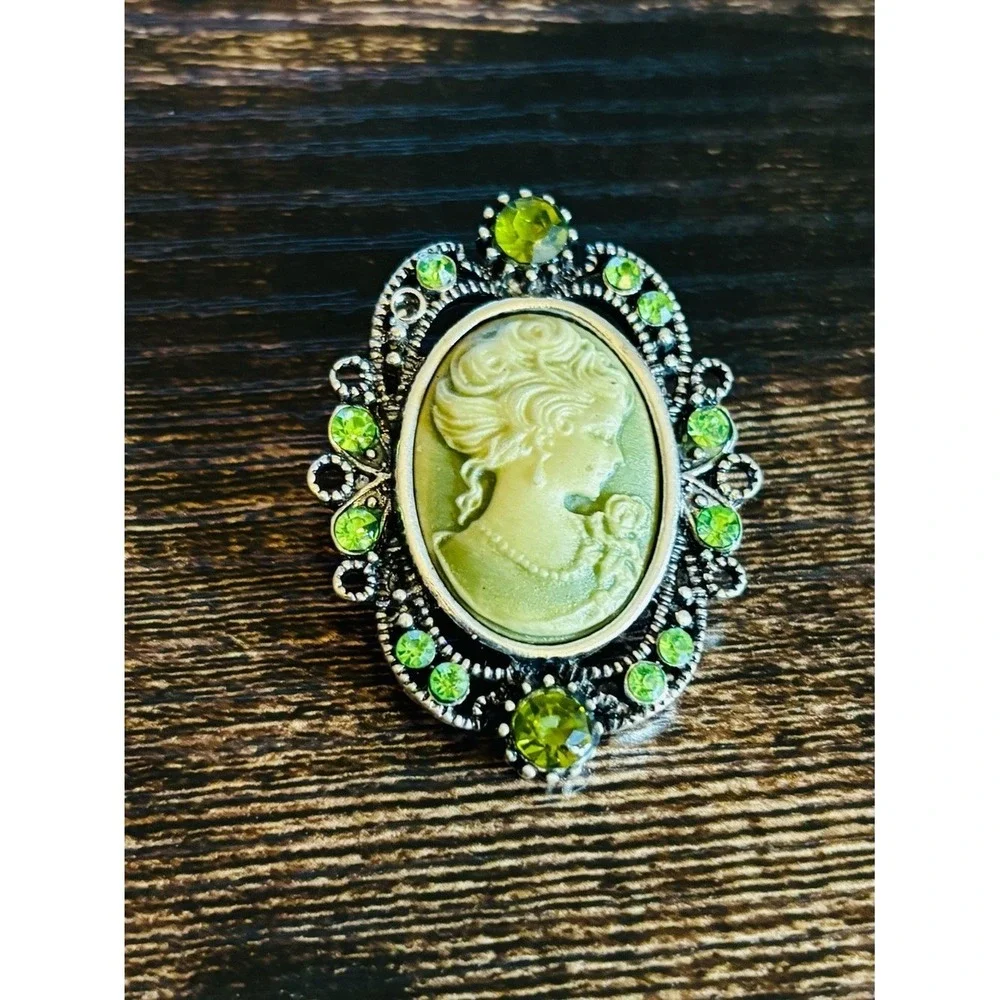 Small Green Cameo Brooch Pin with Sparkling Peridot Accents